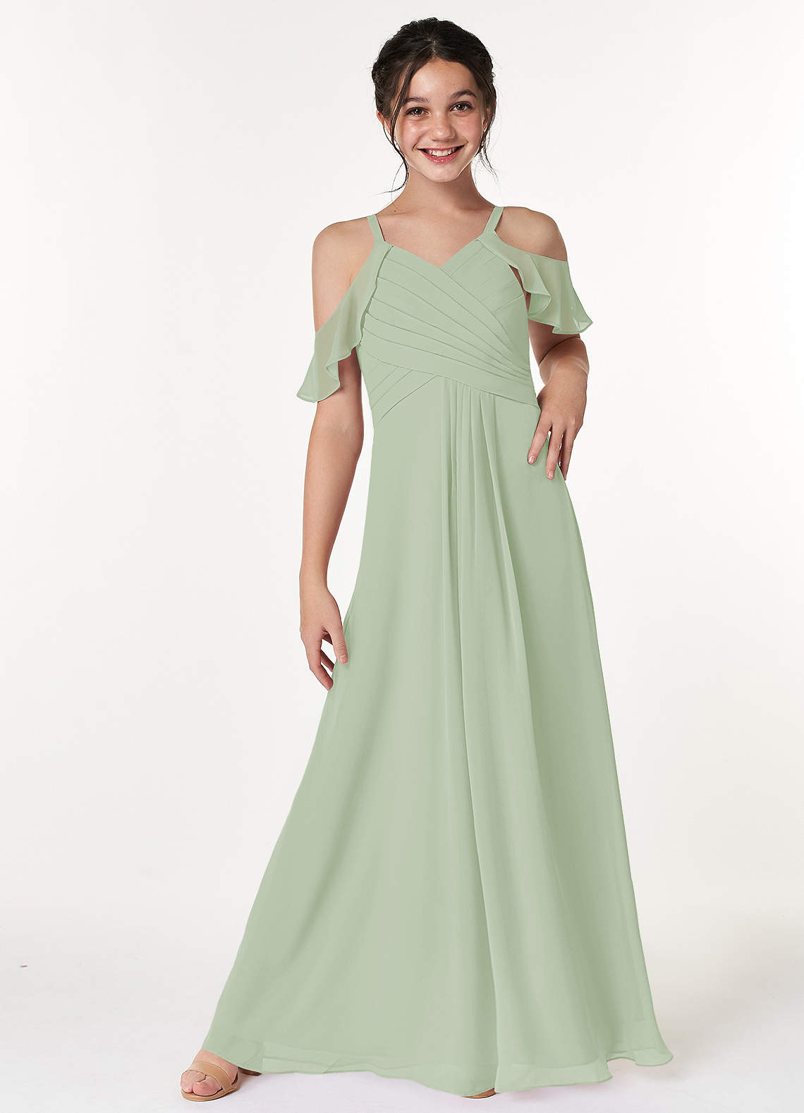Azazie Dakota Junior Dusty Sage A-Line Off the Shoulder Chiffon Dress image1