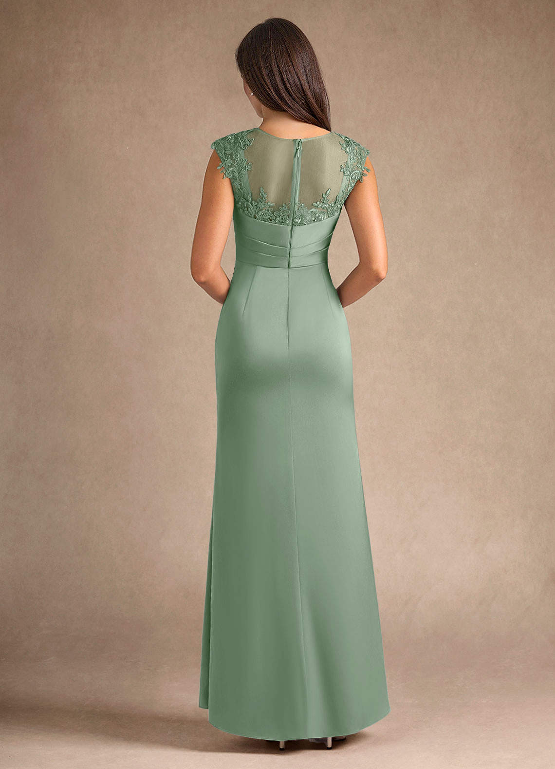 Azazie Santa Barbara Mother of the Bride Dresses Matcha Sheath Pleated Stretch Satin Dress image2