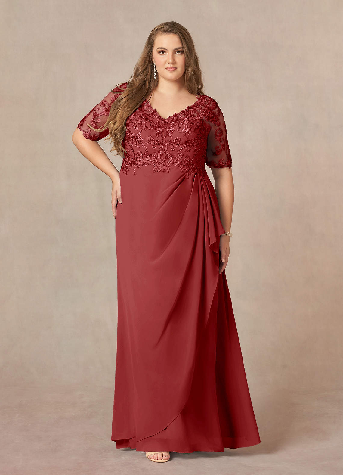 Azazie Amedeus Mother of the Bride Dresses Rust A-Line V-Neck Lace Chiffon Dress image1
