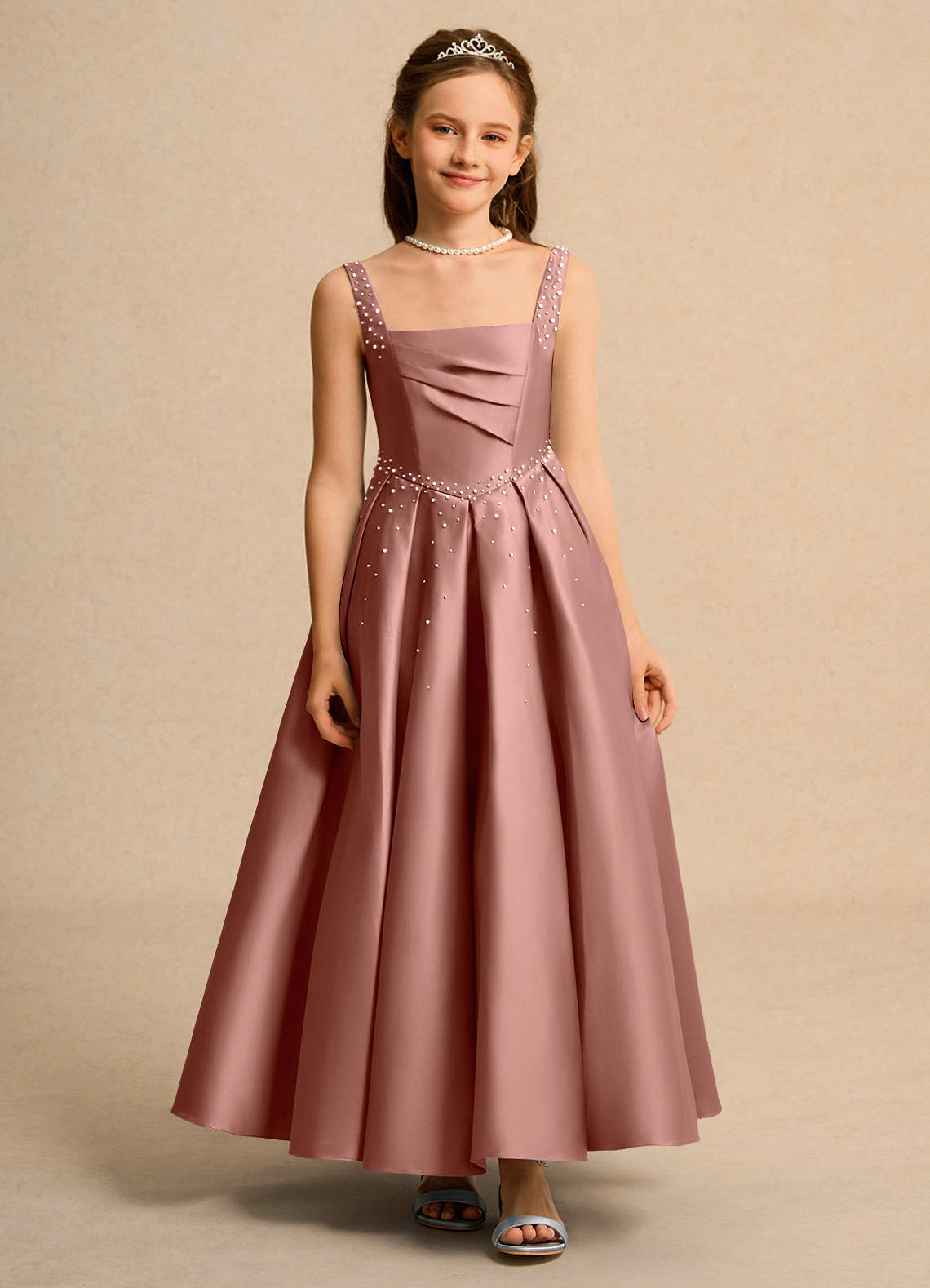 Azazie Mochi Girl Jurken voor bloemenmeisjes Baljurk Jurk van Mat Satijn Geplooid Ceder Roos image1