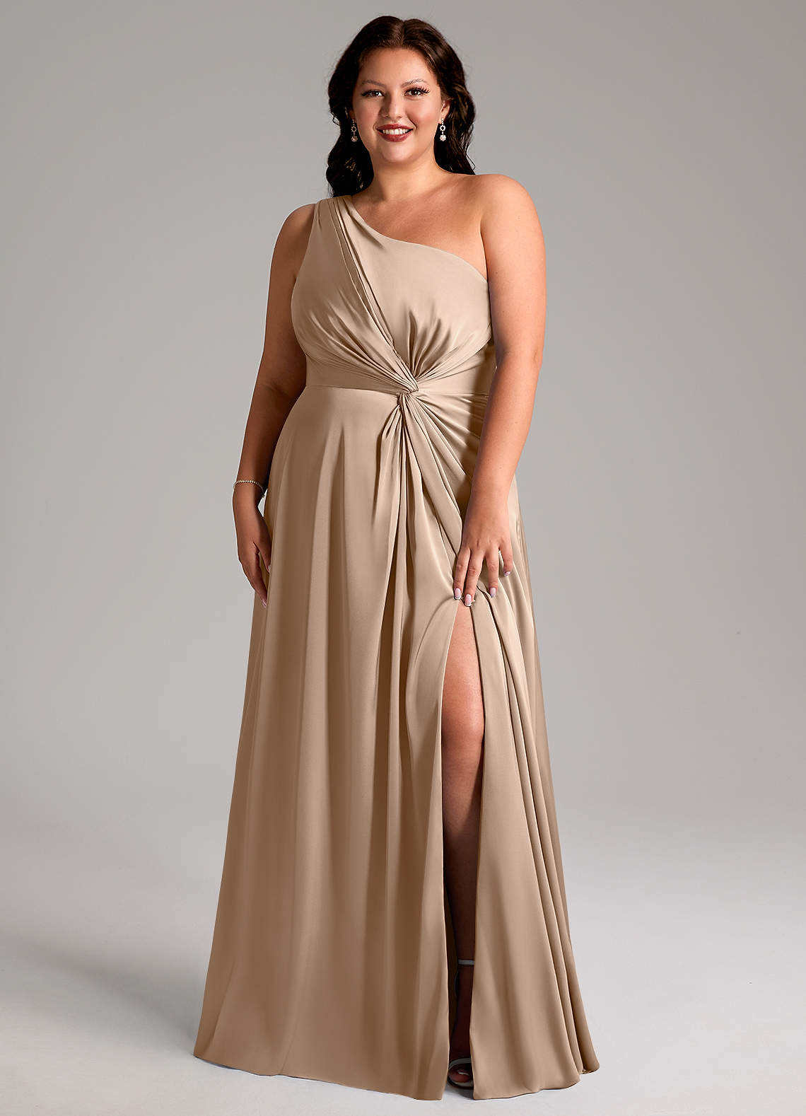 Azazie Brooke Bridesmaid Dresses Taupe A-Line One Shoulder Stretch Satin Dress image1
