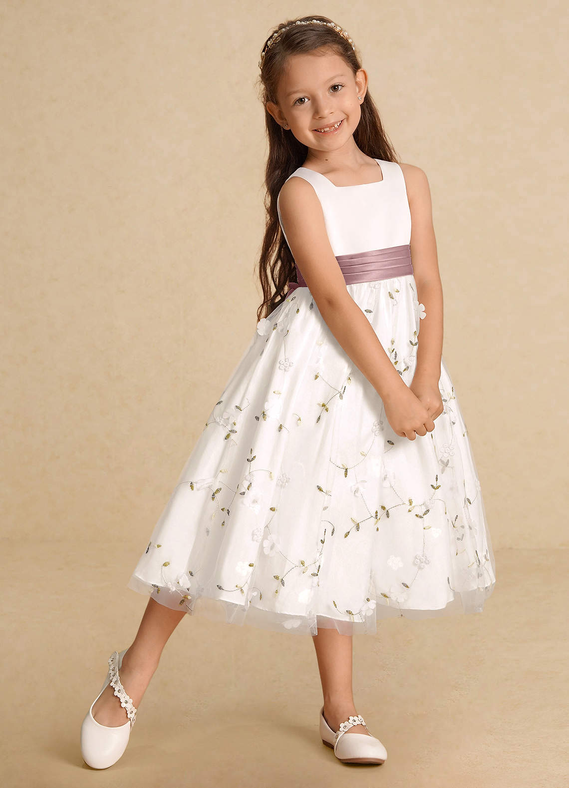 Azazie Pollie Flower Girl Dresses Ivory Dusty Rose A-Line Bow Tulle Dress image8