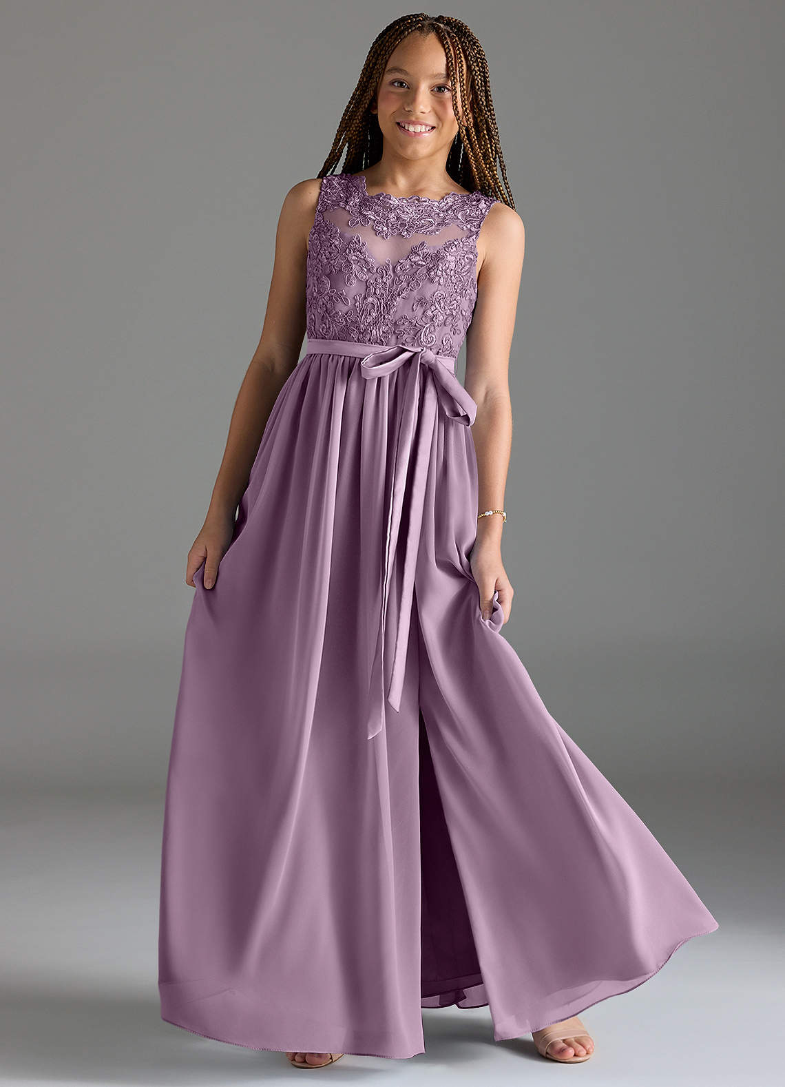 Azazie Elly Junior Wisteria A-Line Lace Chiffon Dress image1
