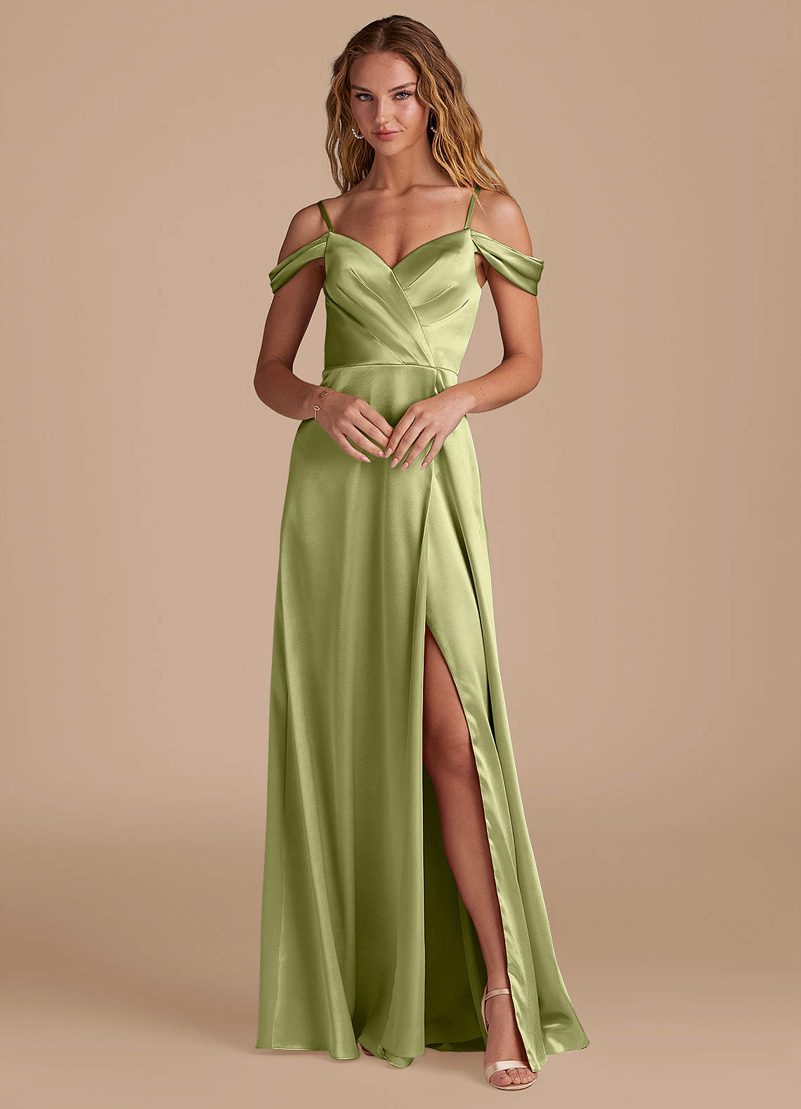 Azazie Ocean Bridesmaid Dresses Pistachio A-Line Off the Shoulder Metallic Satin Dress image1