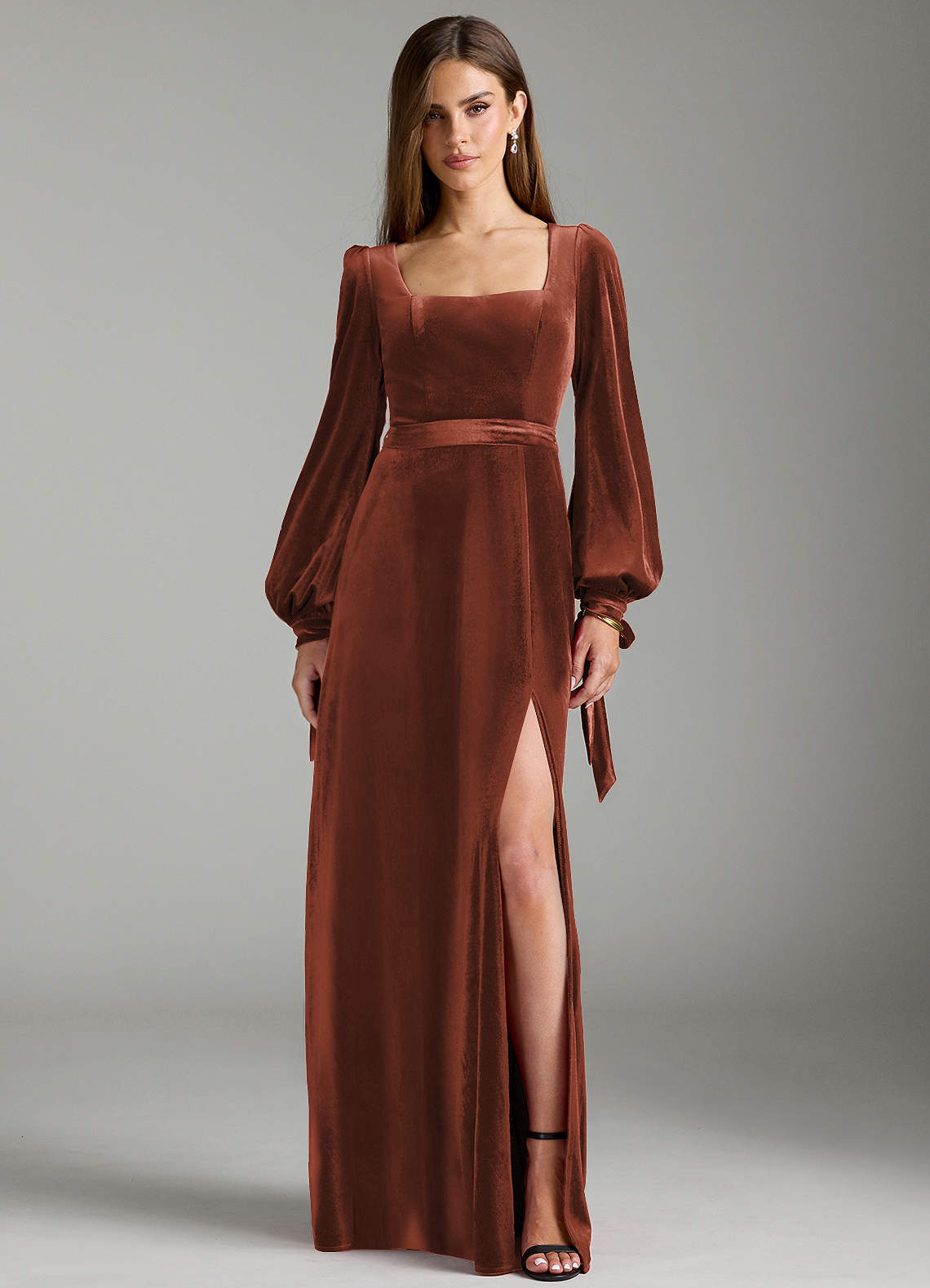 Azazie Leonia Bridesmaid Dresses Terracotta A-Line Long Sleeve Velvet Dress image1