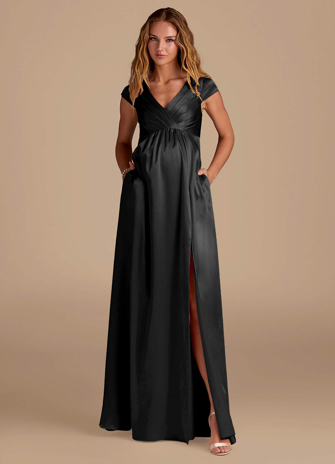 Azazie Allessia Vestidos de dama de honra para maternidade Vestir Linha A Comprimento do chão Cetim Metálico image3