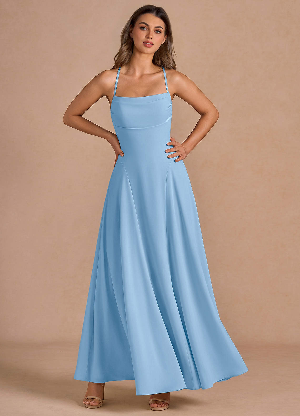Azazie Maxi Dresses A-Line Wedding Guest Semi-Formal Dresses Cowl Haze blue