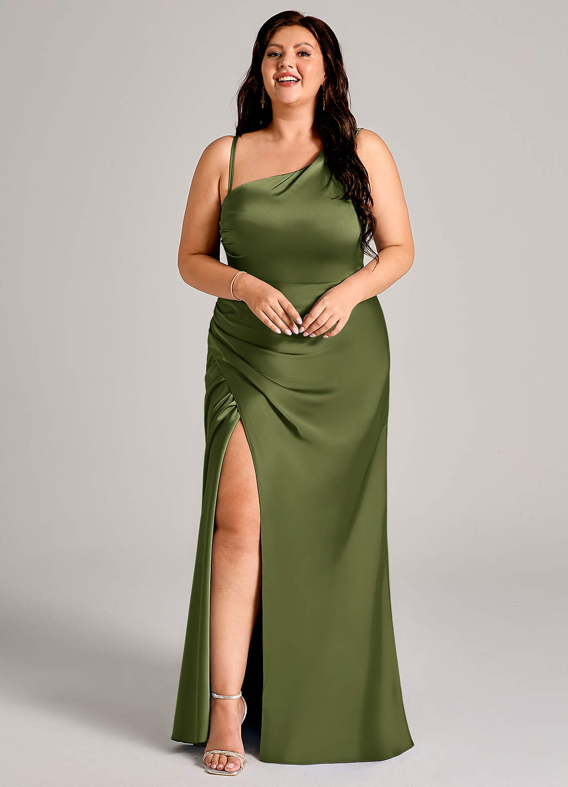 Azazie Madelyn Bridesmaid Dresses Olive Mermaid One Shoulder Stretch Satin Convertible Dress image14