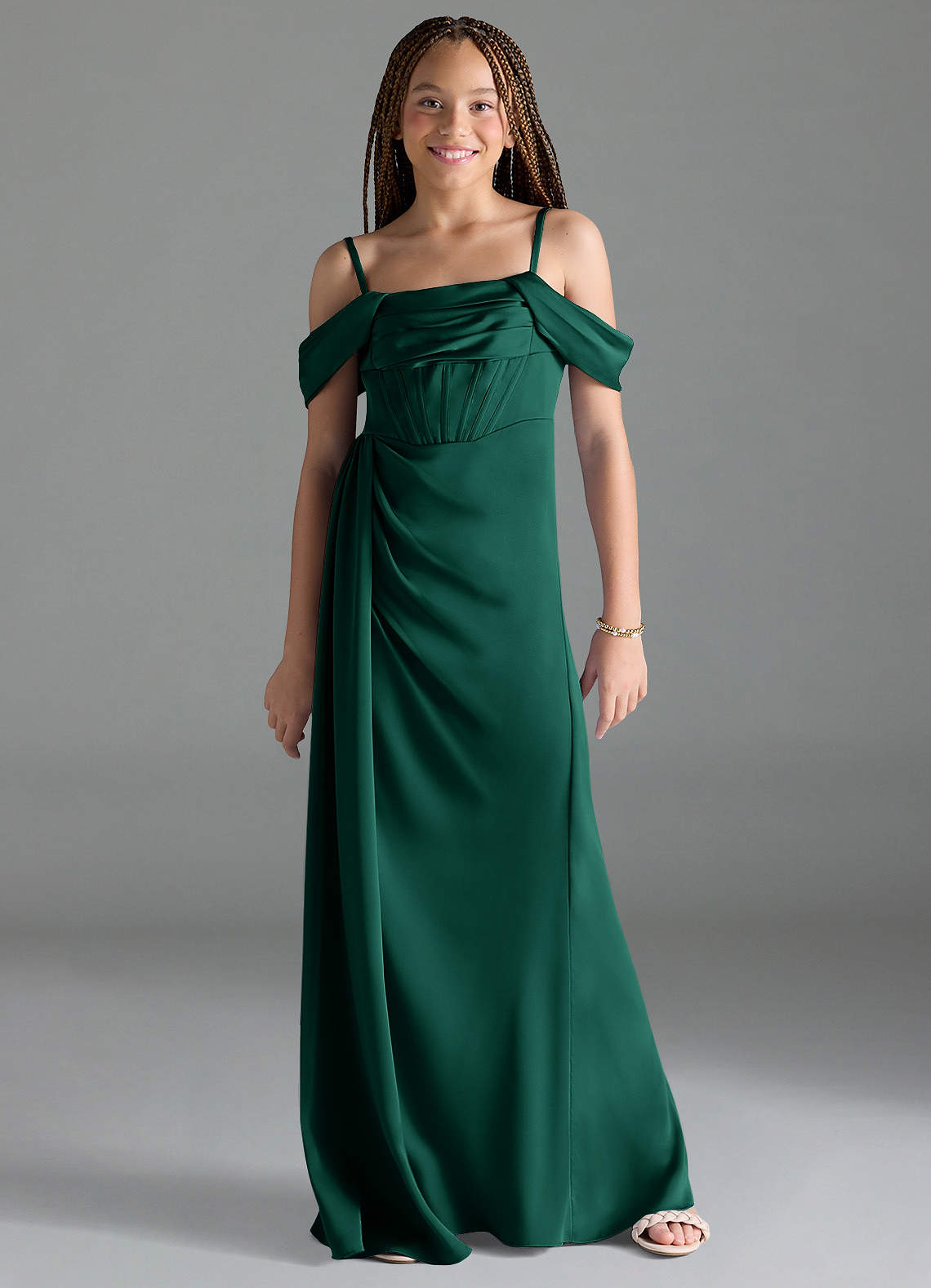 Azazie Amyra Junior Emerald Sheath Off the Shoulder Stretch Satin Dress image1