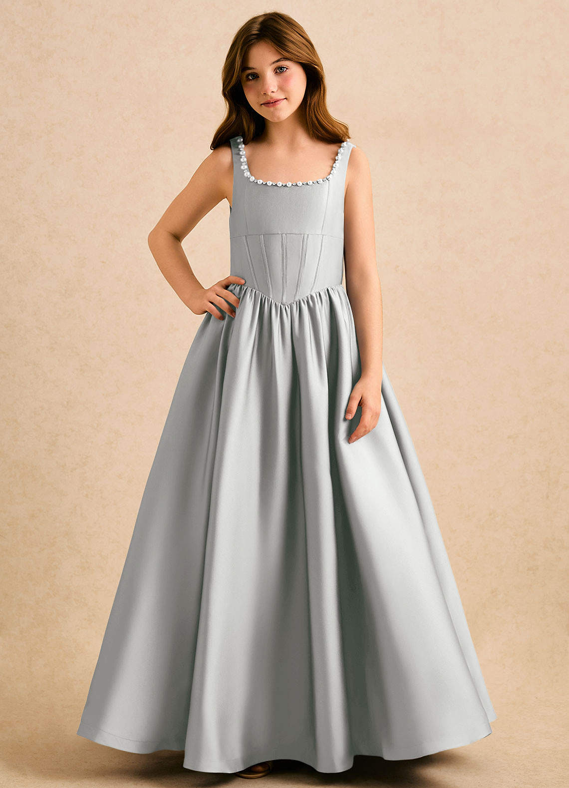 Azazie Enid Girls Formal Kukkatyttöjen mekot A-linja Helmillä koristeltu Joustava satiini Lattian pituus Mekko image3