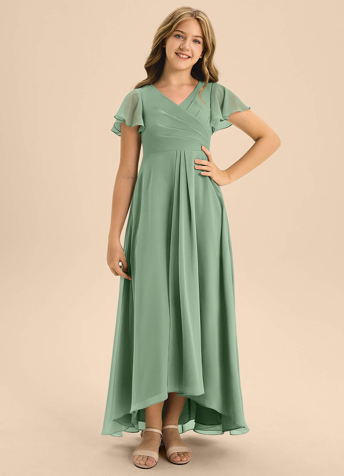 Azazie Induh Junior Vestido de Matcha de Gasa de Corte En A con Plisado image1