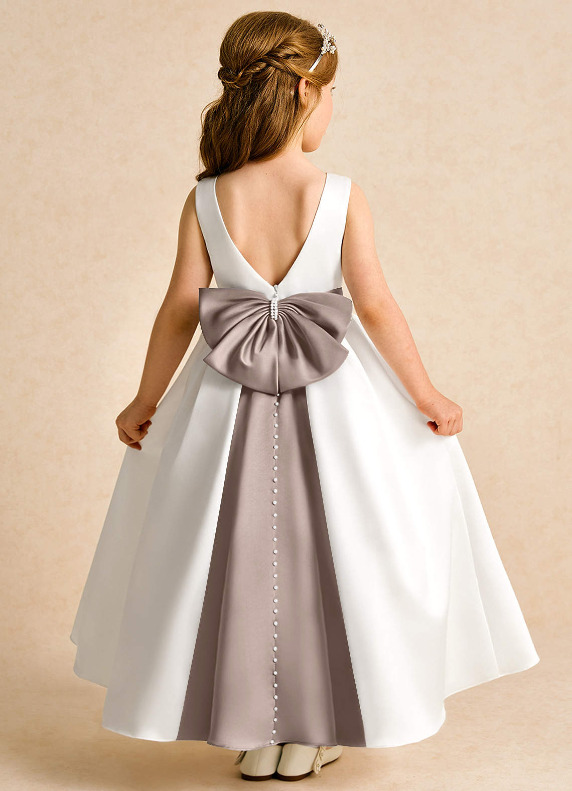 Azazie Cherry Flower Girl Dresses Ivory Taupe Ball-Gown Pleated Matte Satin Dress image1