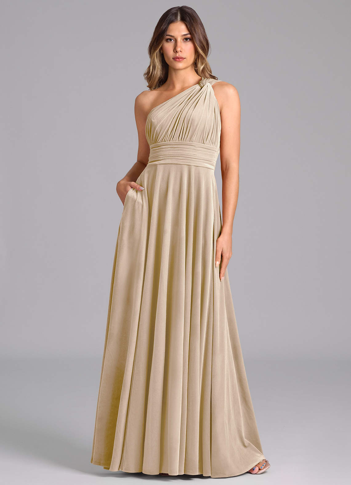 Azazie Charlize Bridesmaid Dresses Champagne A-Line One Shoulder Velvet Dress image1
