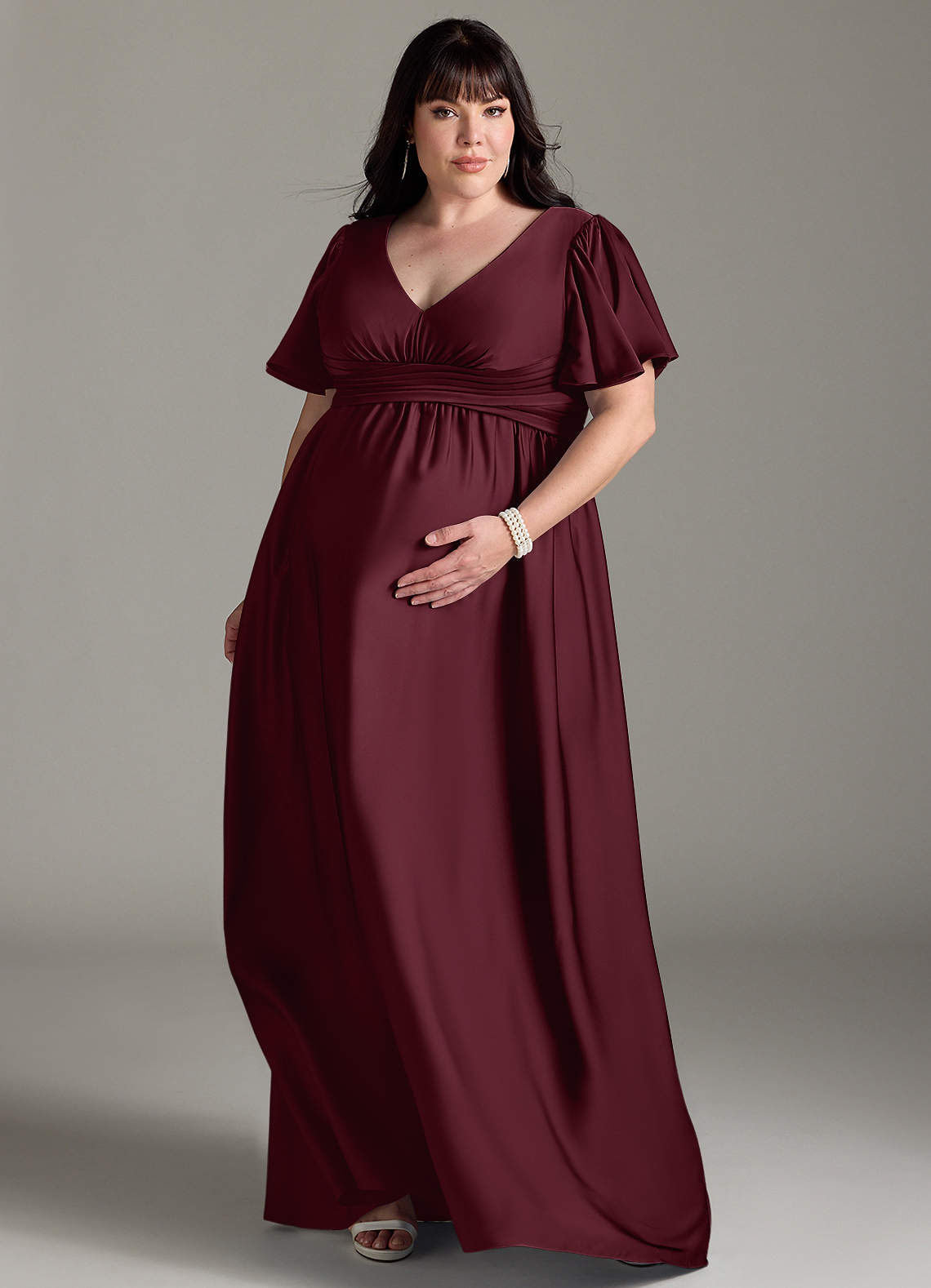 Azazie Verna vestidos de dama de honor de maternidad Vestido de Corte En A Volante Hasta el suelo Satén Elástico image8
