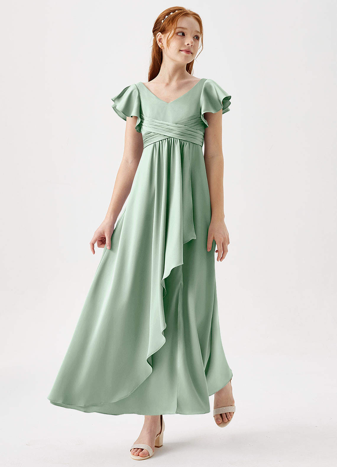 Azazie Omari Junior Robe Trapèze en Satin extensible Plissée Agave image1