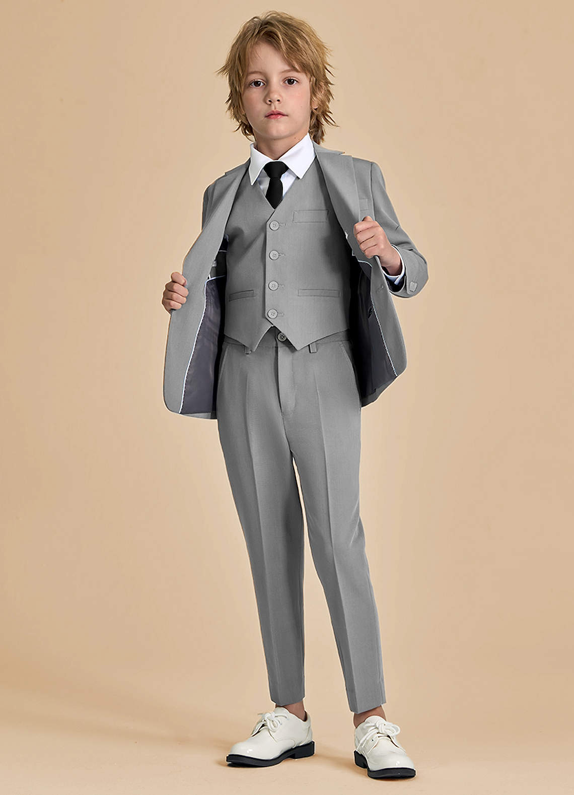 front Oliver Boys Grey 5-Piece Suit With Pre-tie