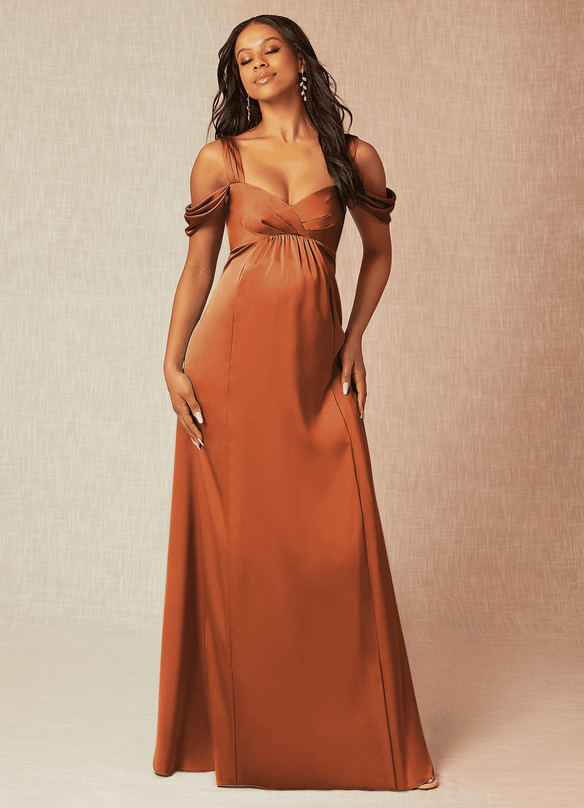 Azazie Plus Size A-Line/Princess Off-The-Shoulder Floor-Length Stretch Satin Maternity Bridesmaid Dresses - Cinnamon Azazie Plus Size A-Line/Princess Off-The-Shoulder Floor-Length Stretch Satin Maternity Bridesmaid Dresses - Cinnamon