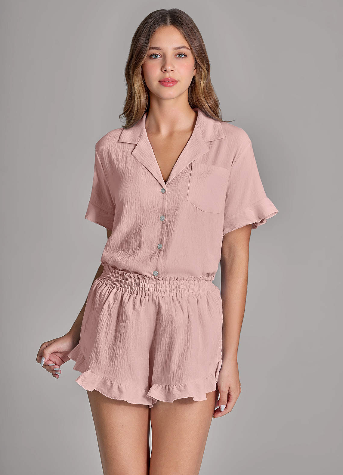 front Matching Color Ruffled Cloud-Soft Pajama Set