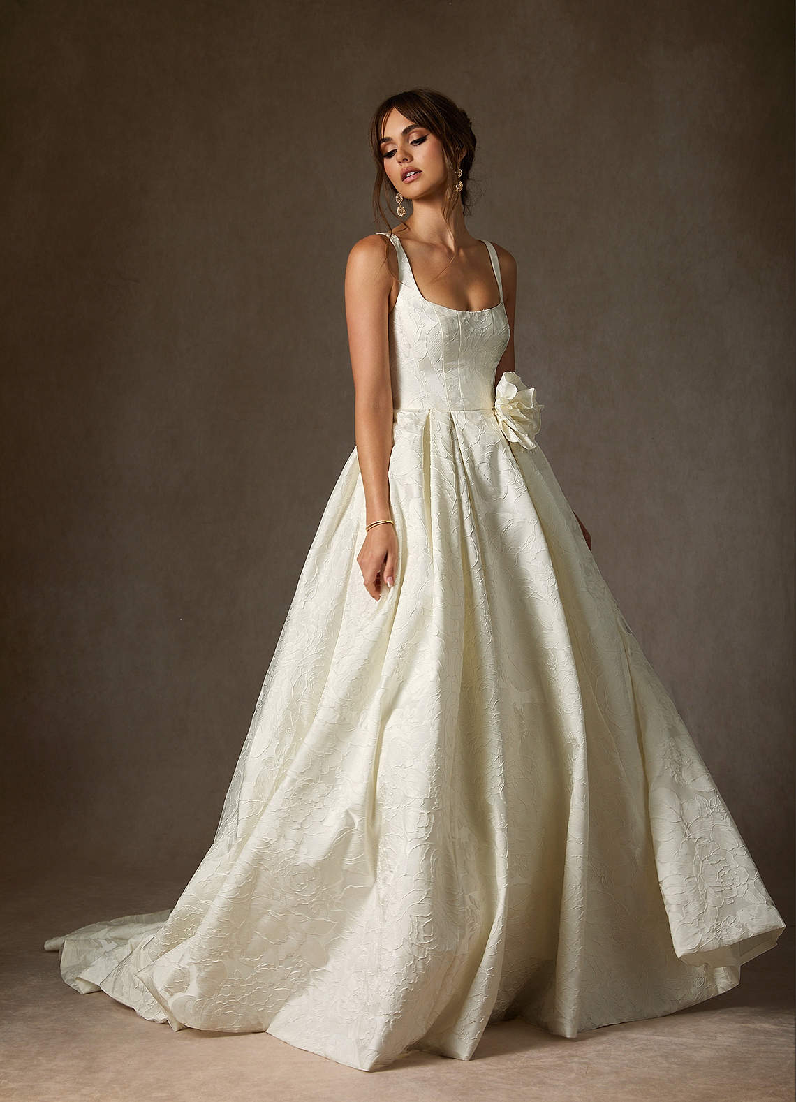 Azazie Ruby Wedding Dresses Antique White Ball-Gown with Pockets Floral Jacquard Dress image3