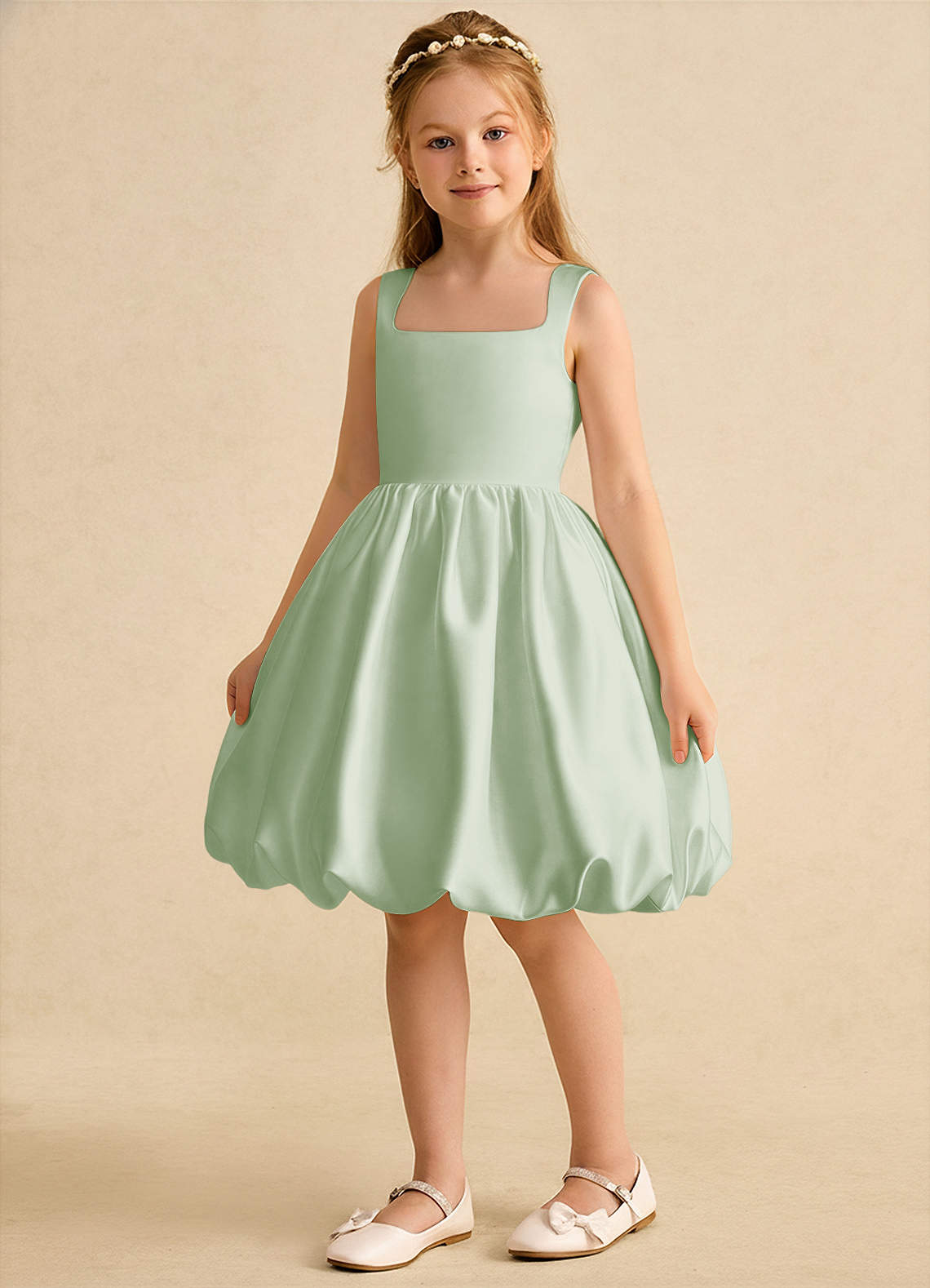 Azazie Nirvana Robe Demoiselle D'honneur Fillette Robe Princesse en Mat Satiné Rayé Vert Sauge image4