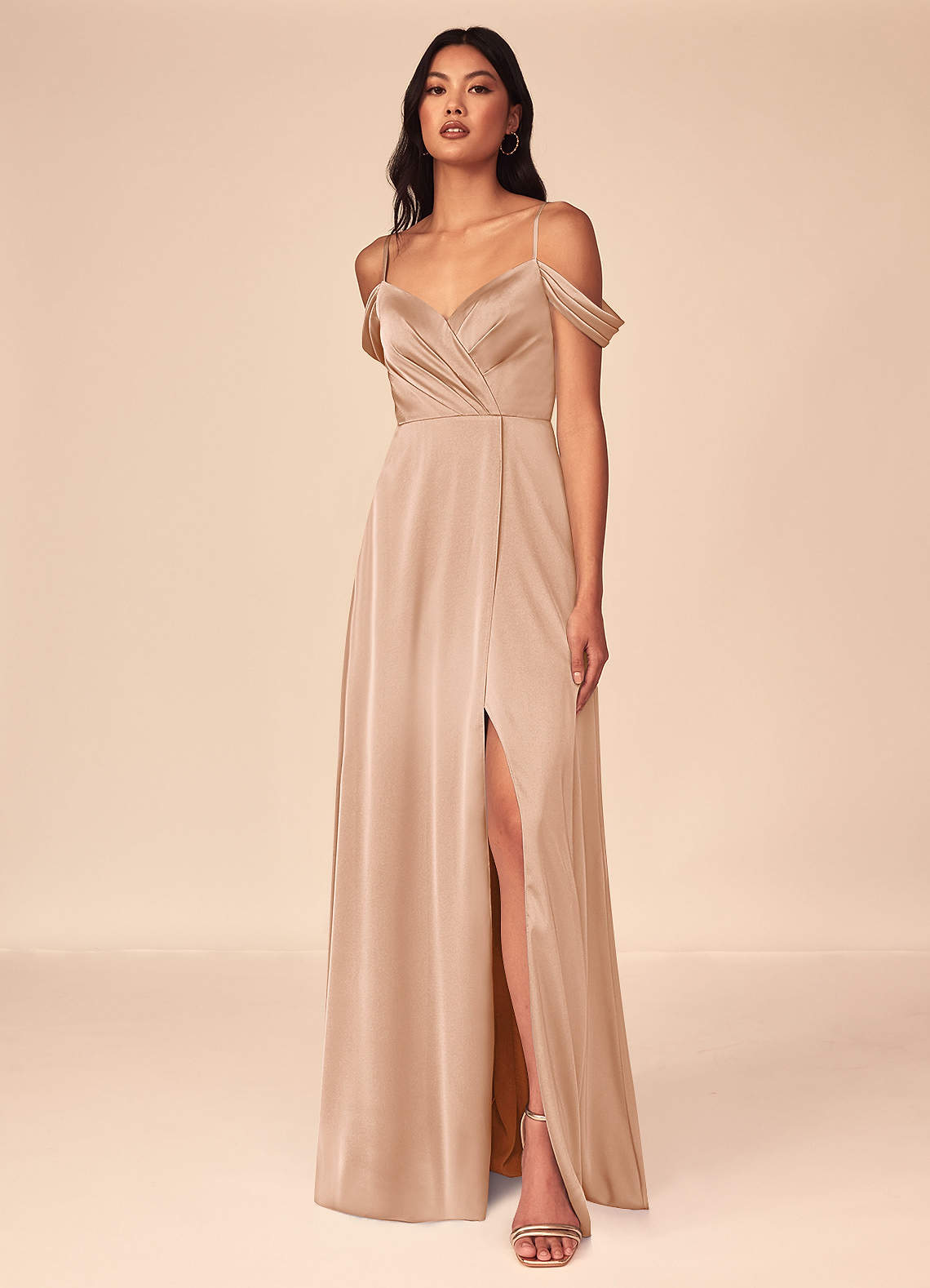 Azazie Ocean Bridesmaid Dresses English Rose A-Line V-Neck Pleated Stretch Satin Dress image1