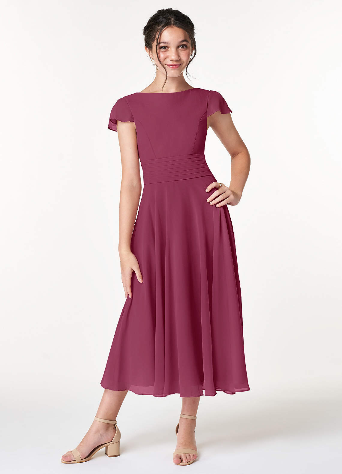 mulberry junior bridesmaid dresses Duntery Off Shoulder Chiffon Junior Bridesmaid Dress With Flutter Sleeves, Burgundy