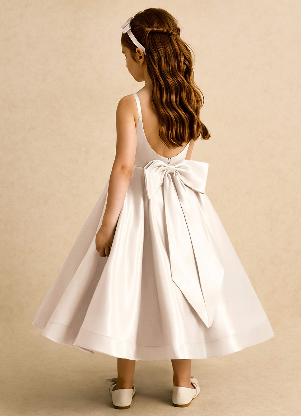Azazie Babs Flower Girl Dresses White Alabaster Ball-Gown Pleated Matte Satin Dress image1