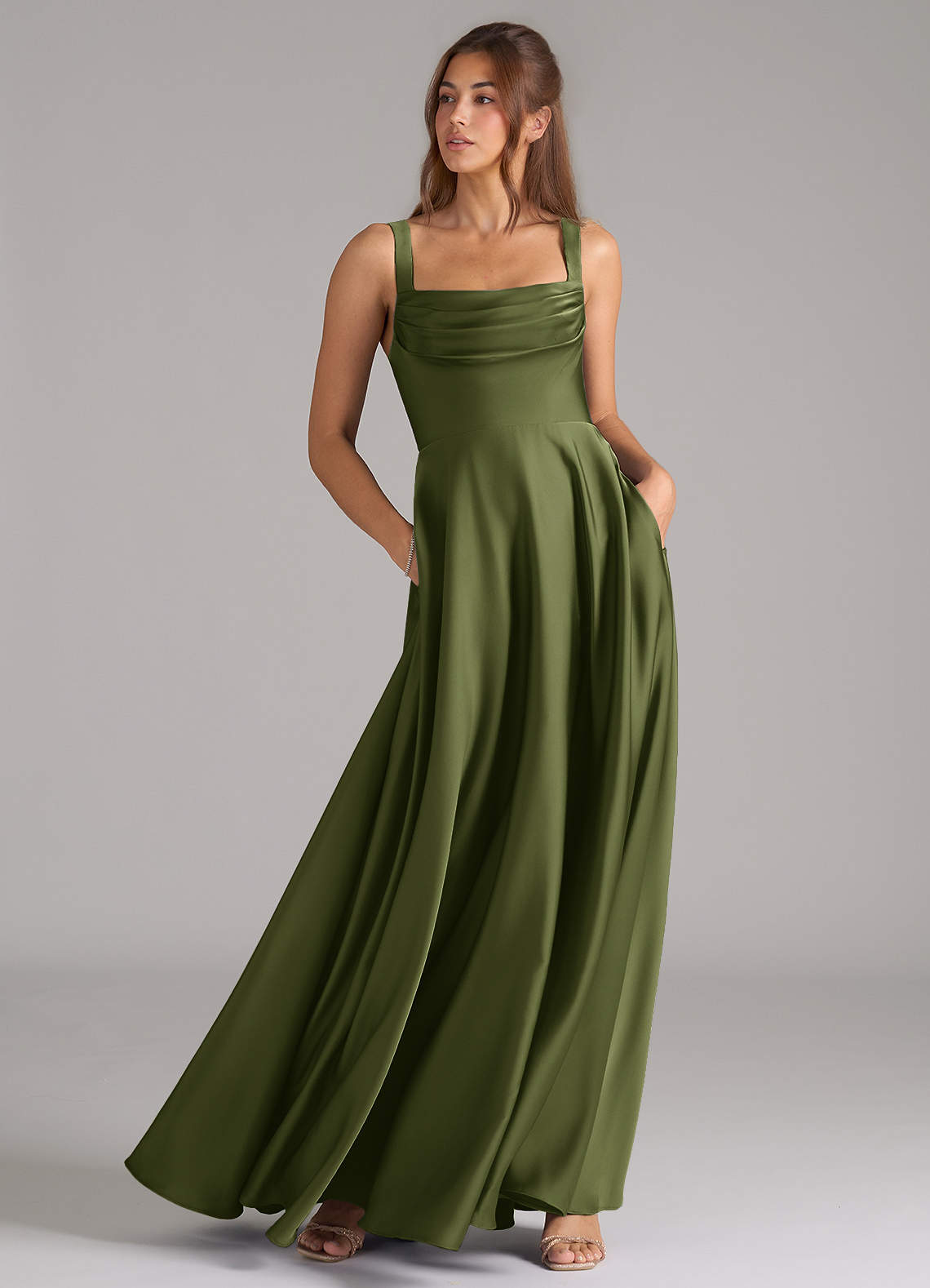 Azazie Shaude Bridesmaid Dresses Olive A-Line Pleated Stretch Satin Dress image2