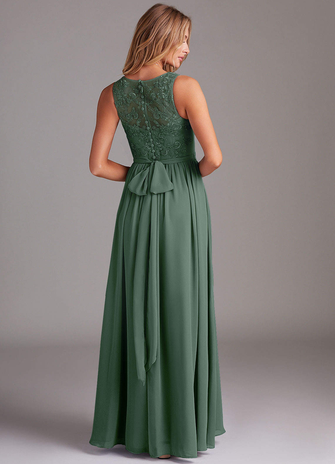 Azazie Kingsley Robes de demoiselle d'honneur Robe Trapèze en Mousseline de soie Dentelle Eucalyptus image1