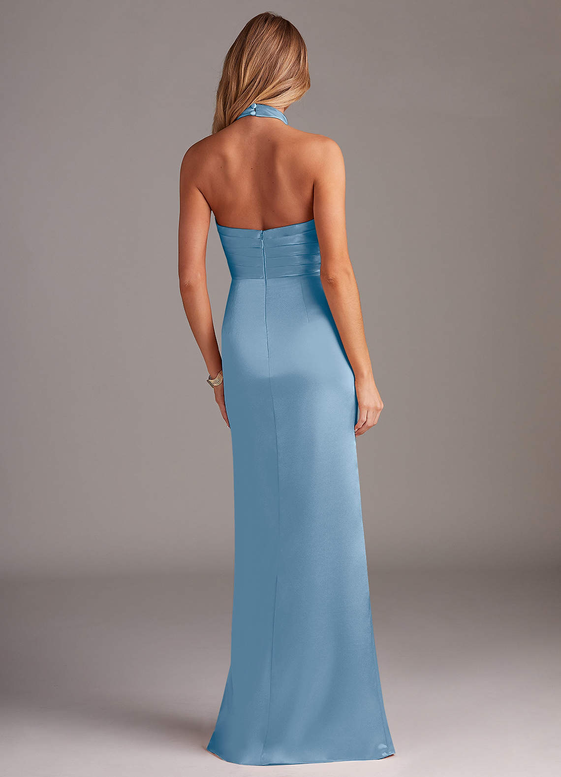 Azazie Jemma At-home Try On Dresses Amethyst Sheath Pleated Stretch Satin Dress image5