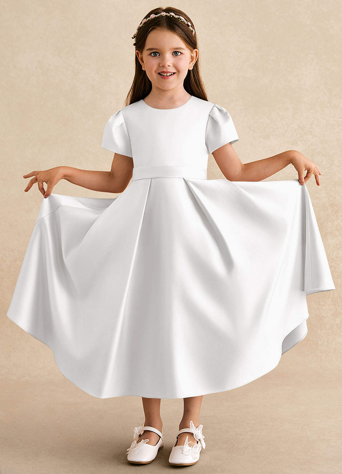 Azazie Princess Flower Girl Dresses White A-Line Pleated Matte Satin Dress image2