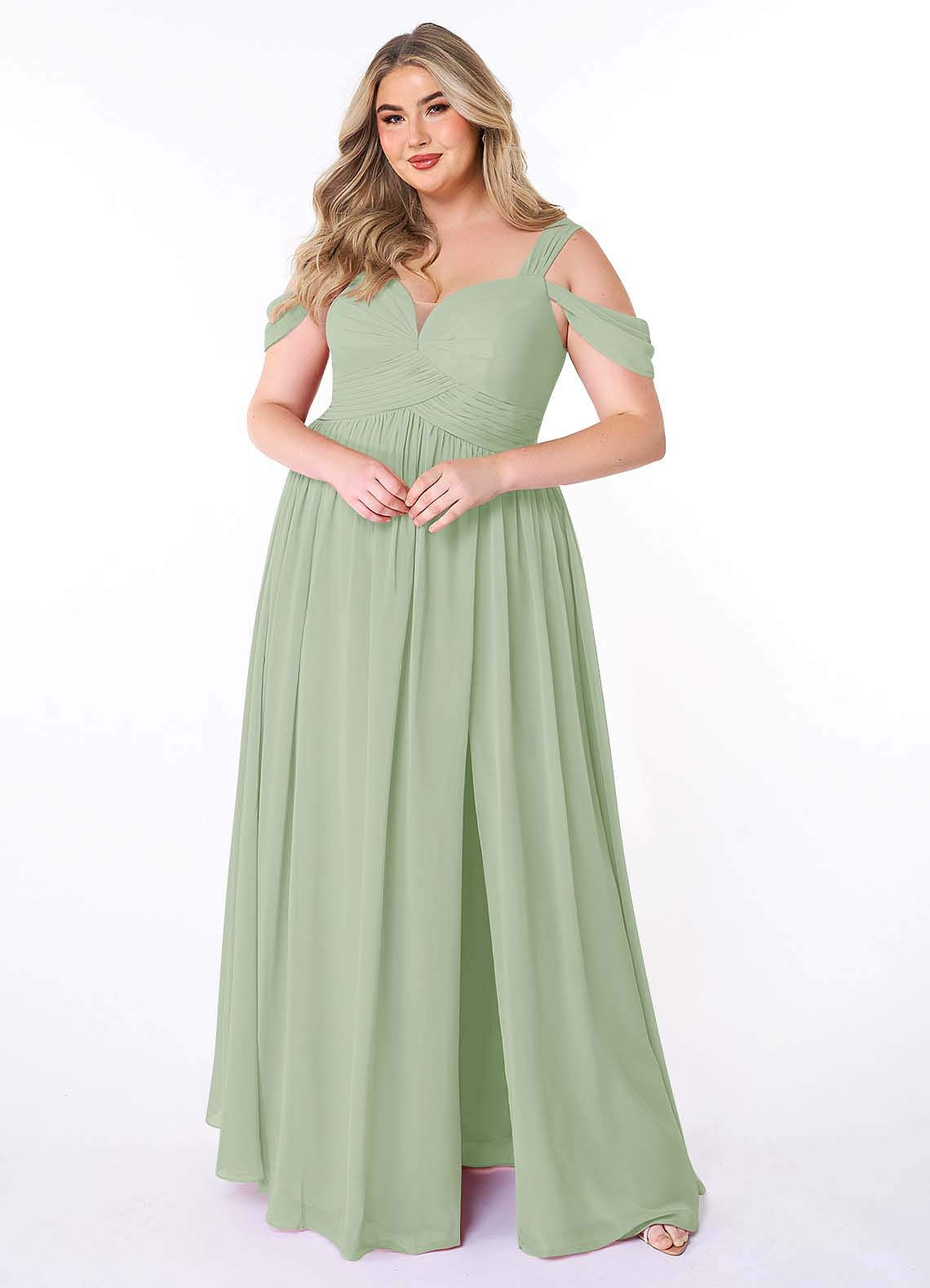 Azazie Lianne Bridesmaid Dresses Dusty Sage A-Line Off the Shoulder Chiffon Dress image1