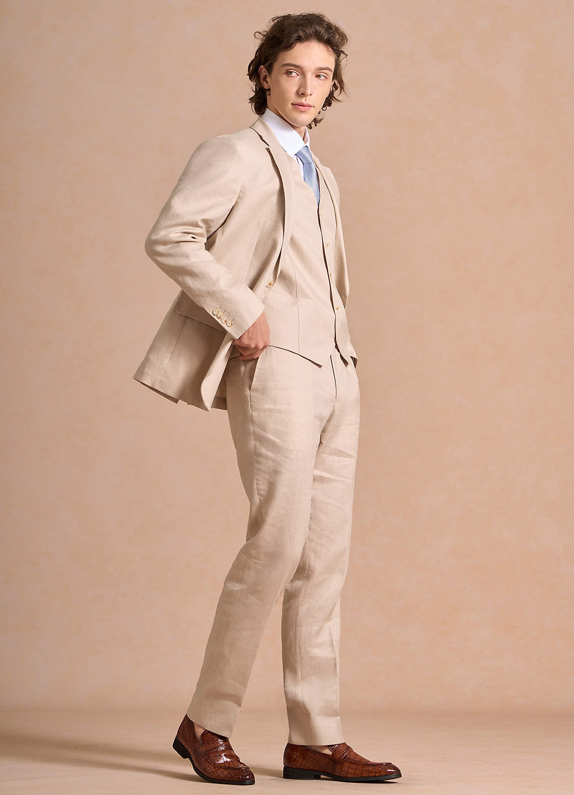 front Harrison Tan 100% Linen 3-Piece Suit