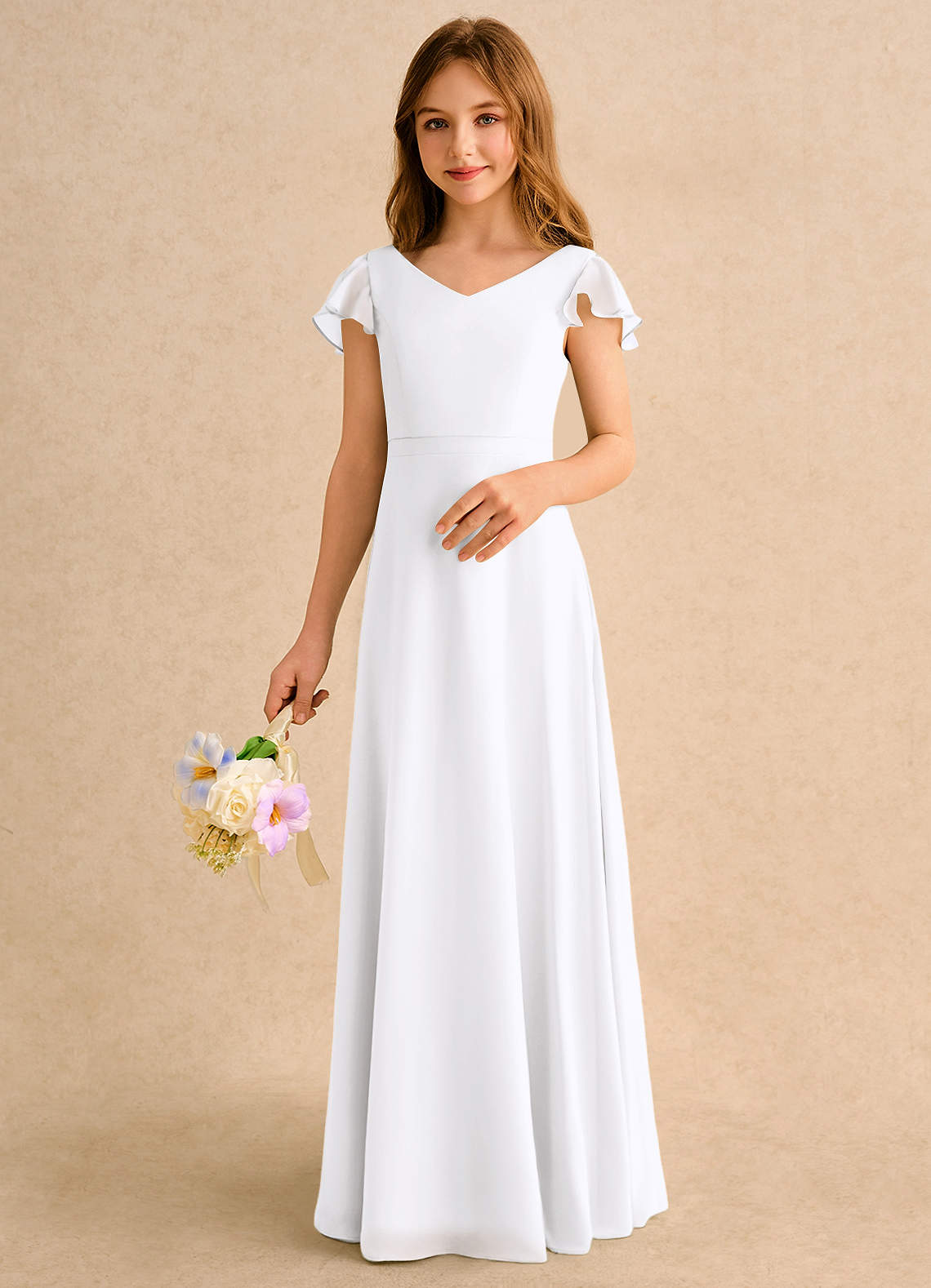 Azazie Nari Girls Formal Kukkatyttöjen mekot A-linja hihoilla Sifonki Lattian pituus Pukeutua image3