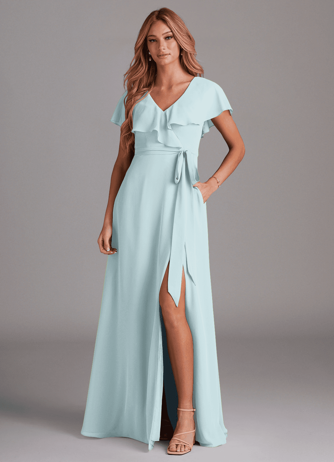Azazie Lainey Bridesmaid Dresses Mist A-Line with Pockets Chiffon Dress image1