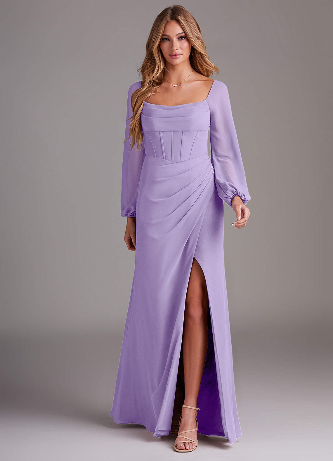 Azazie Sheath Cowl Neck Long Sleeve Floor-Length Chiffon Bridesmaid Dresses - Lilac