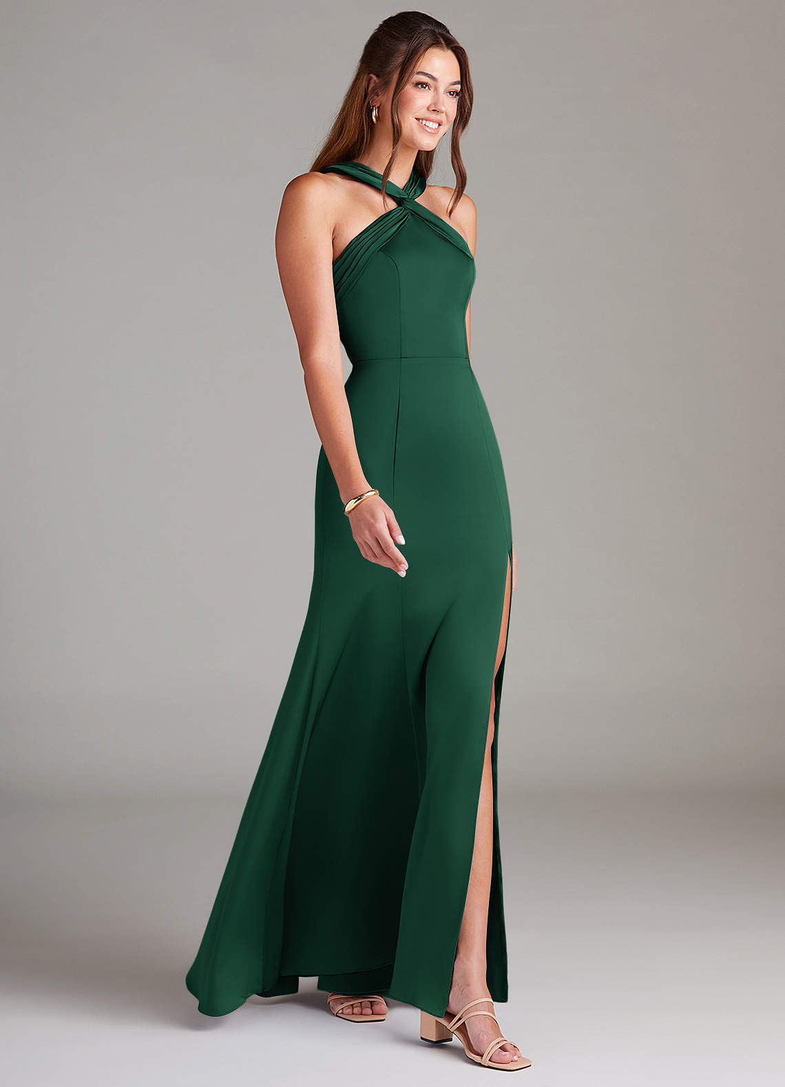 Azazie Rue Bridesmaid Dresses Dark Green A-Line Pleated Stretch Satin Dress image3