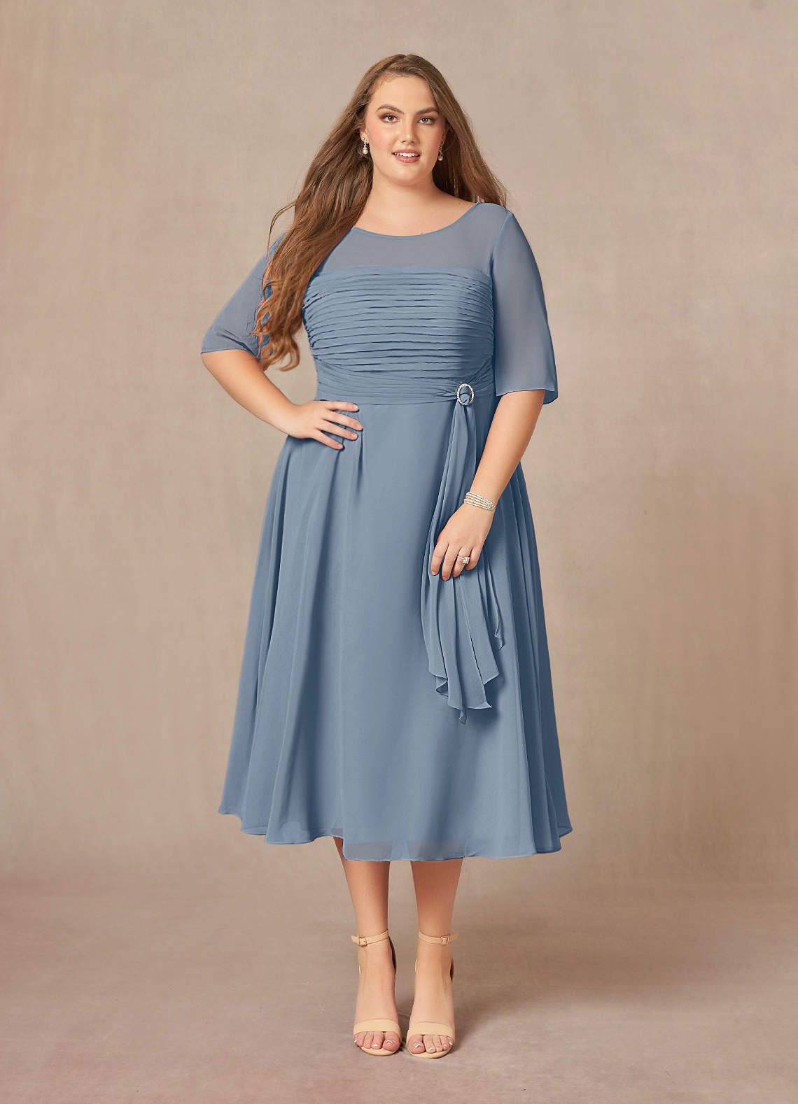 Azazie Naomi Mother of the Bride Dresses Twilight A-Line Boatneck Pleated Chiffon Dress image1