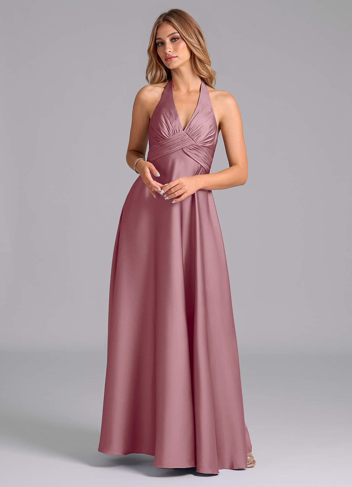 Azazie Tessie Bridesmaid Dresses Vintage Mauve A-Line Pleated Stretch Satin Dress image1