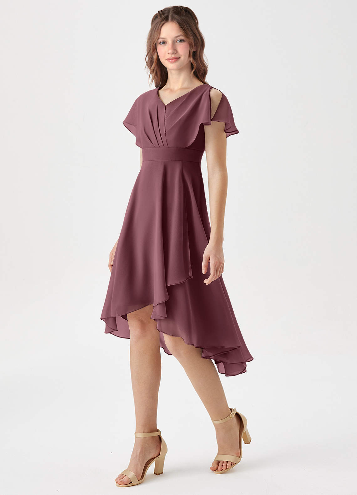 Azazie Graciela Junior Sangria A-Line Pleated Chiffon Dress image1
