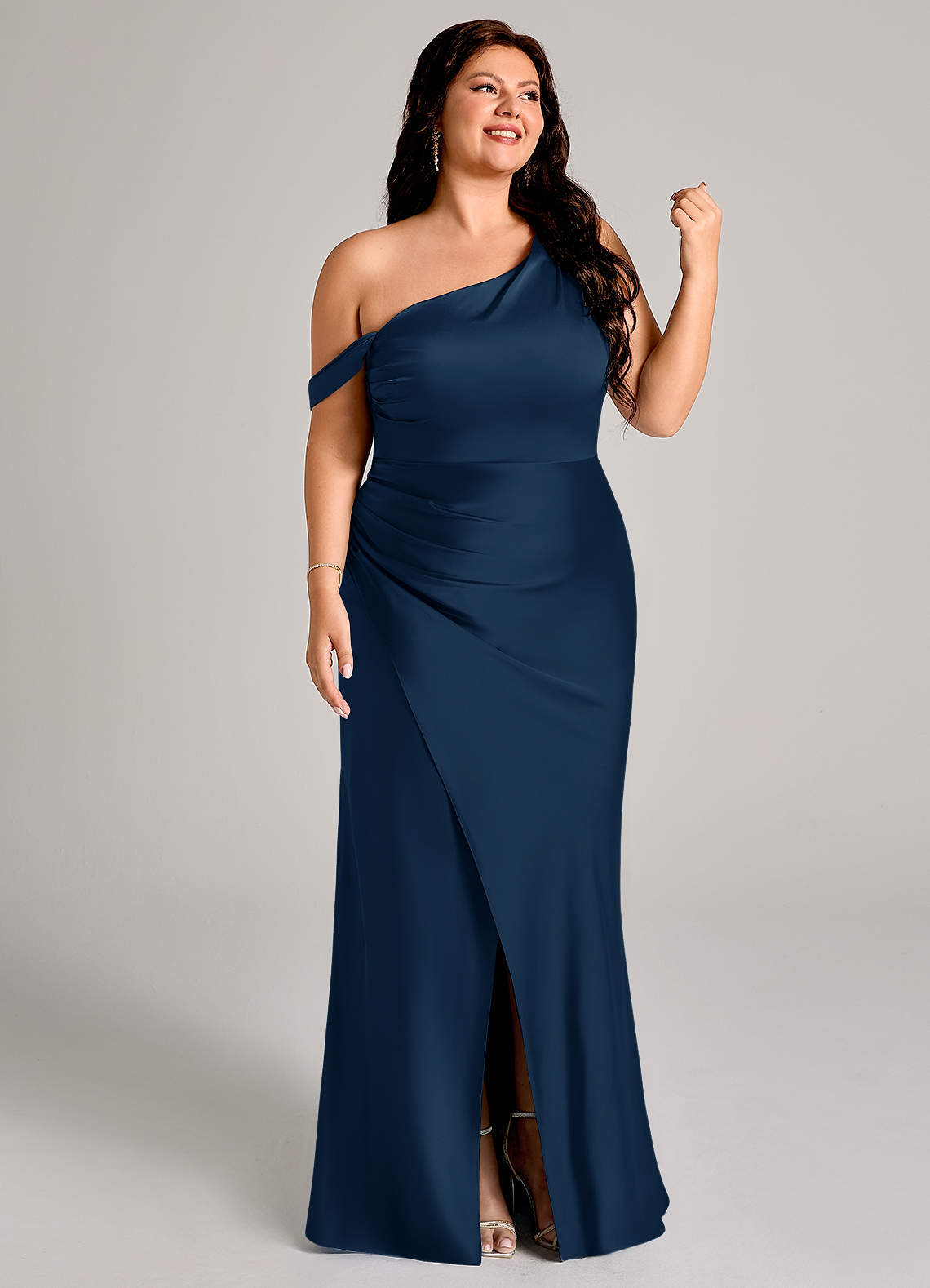 Azazie Madelyn Bridesmaid Dresses Dark Navy Mermaid One Shoulder Stretch Satin Convertible Dress image12