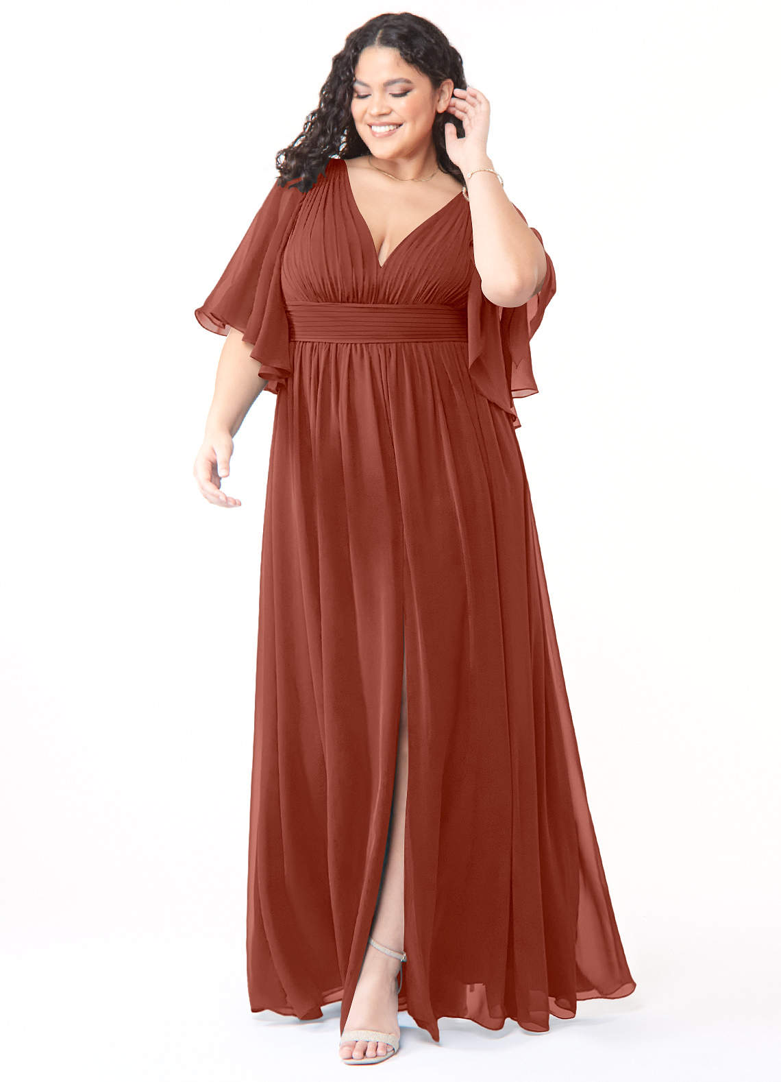 Azazie Temeka Robes de demoiselle d'honneur Robe Trapèze en Mousseline de soie Rayé Auburn image1