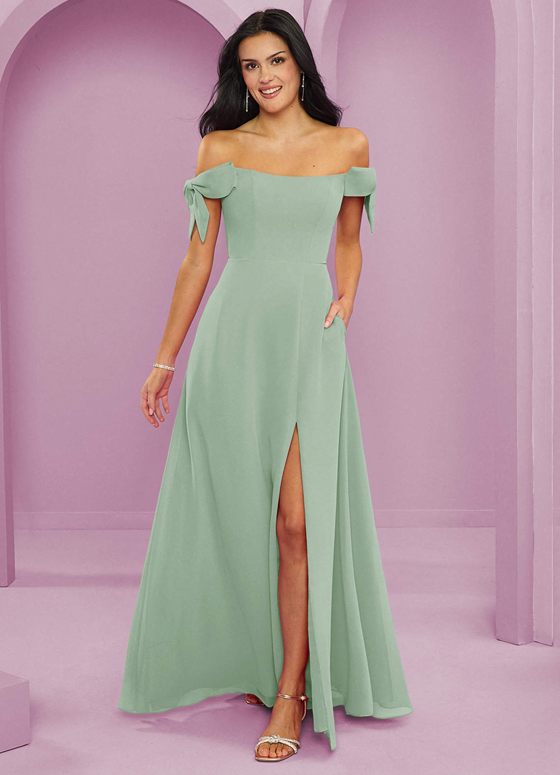Barbie ♥ Azazie Brautjungfernkleider Wandelbar A-Linie Schulterfrei Chiffon Kleid Agave image1