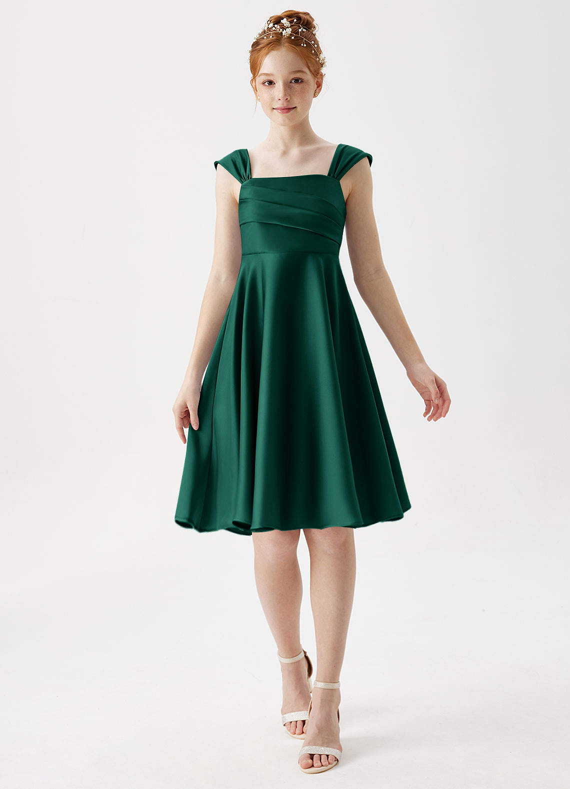 Azazie Amira Junior Emerald A-Line Pleated Stretch Satin Dress image1