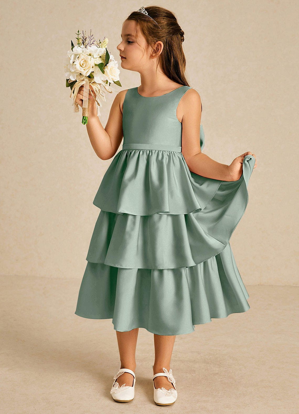 Azazie Margery Flower Girl Dresses Agave A-Line Bow Stretch Satin Dress image3