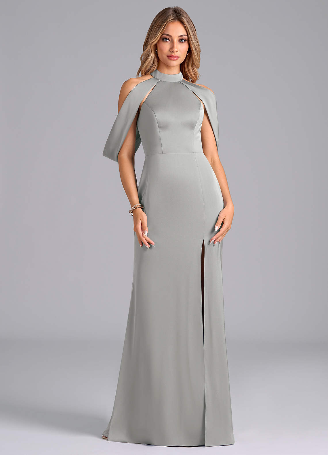 Azazie Bonny Bridesmaid Dresses Silver Mermaid Off the Shoulder Stretch Satin Dress image1