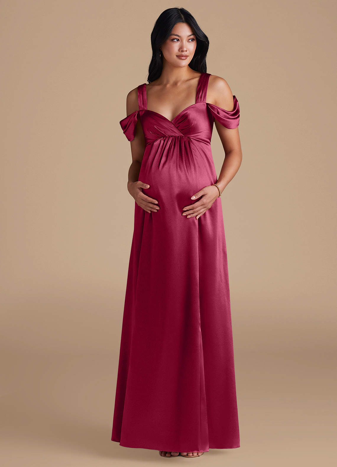 Azazie Rhea vestidos de dama de honor de maternidad Vestido de Corte En A Plisado Hasta el suelo Satén Metálico image5