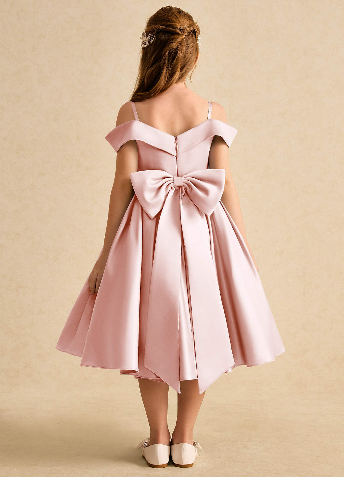 Azazie Favia Flower Girl Dresses Blushing Pink A-Line Off the Shoulder Matte Satin Dress image1