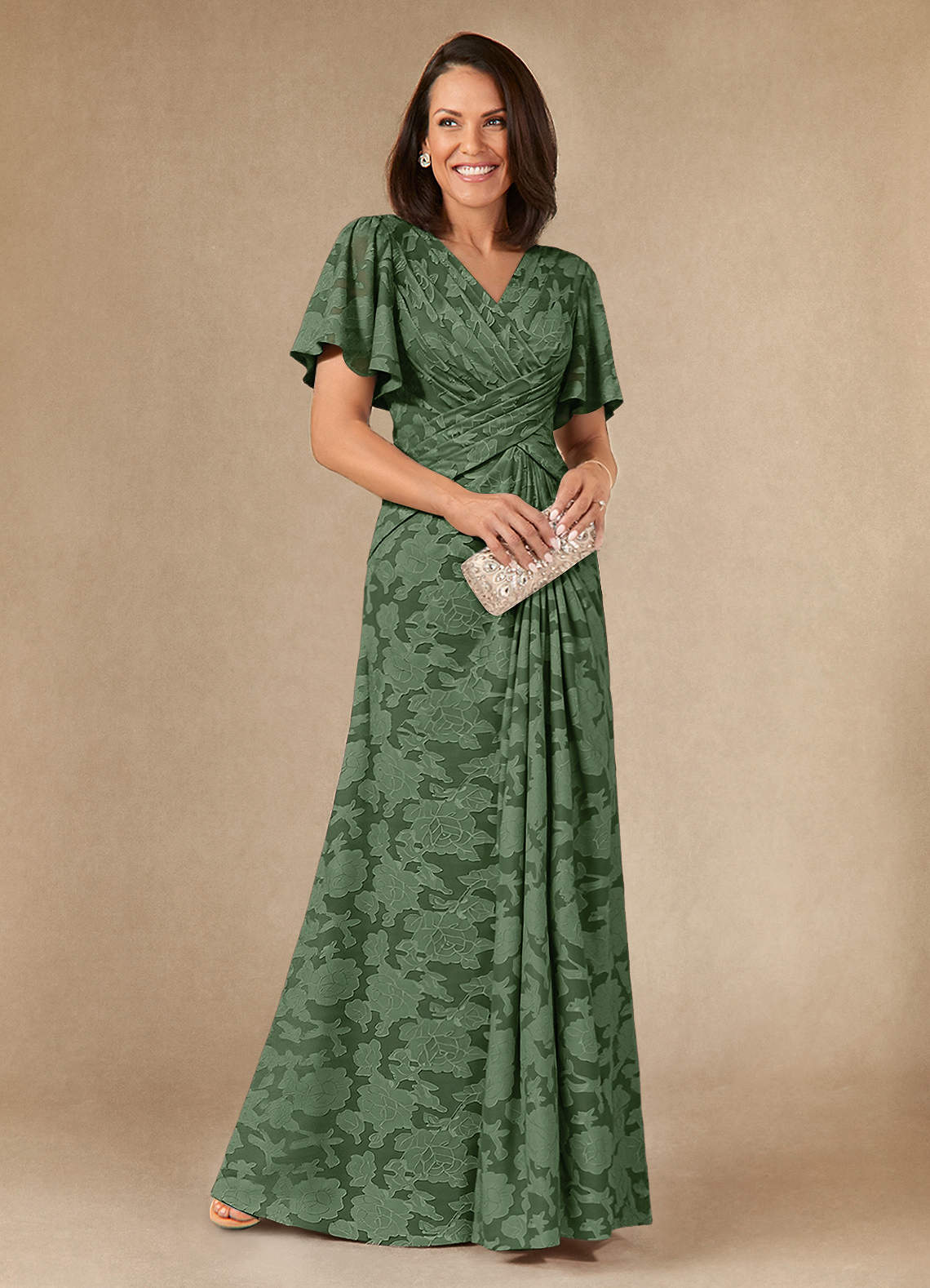 Azazie Emmeline Vestidos para mãe da noiva Vestir Eucalipto de Esgotamento Floral de Linha A com Plissado image1