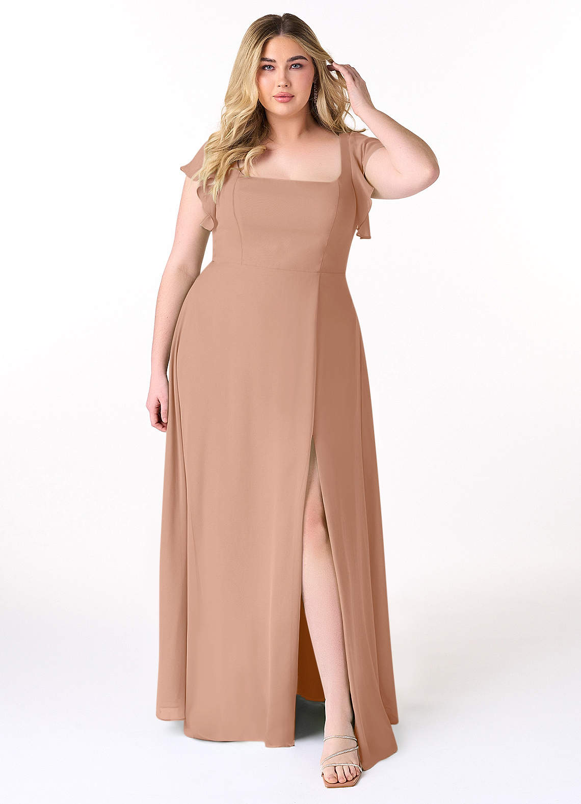Azazie Bondi Bridesmaid Dresses Champagne Rose A-Line Ruffled Chiffon Dress image1